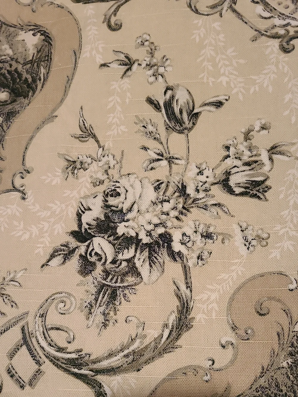 Fabric Upolstry Drapery Toile Scrolling Damask Sewing Crafts 3 Yards Cream Taupe